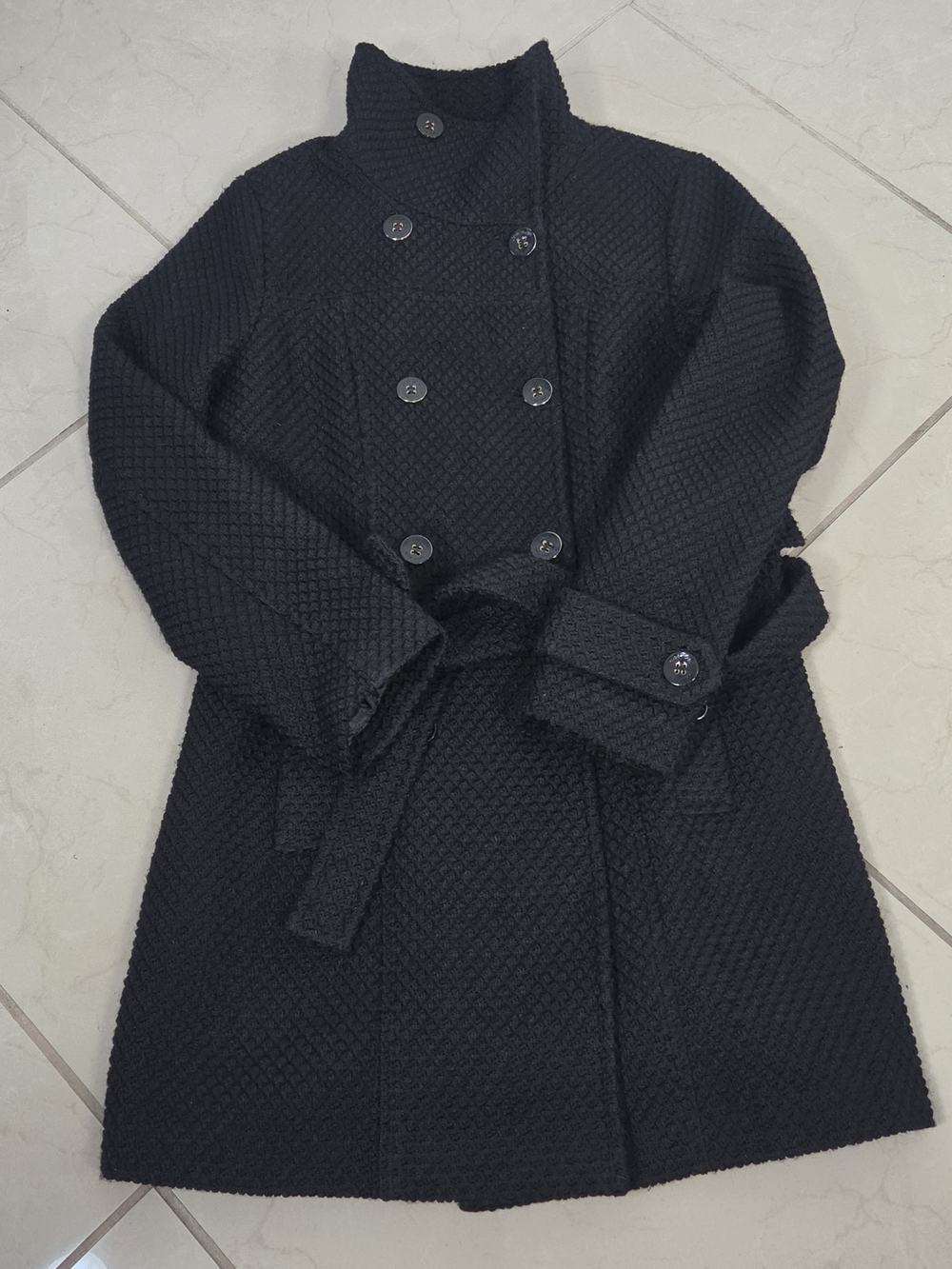 Calvin Klein Black Textured Belted Coat L Quiet Luxury Minimalist Fall Winter